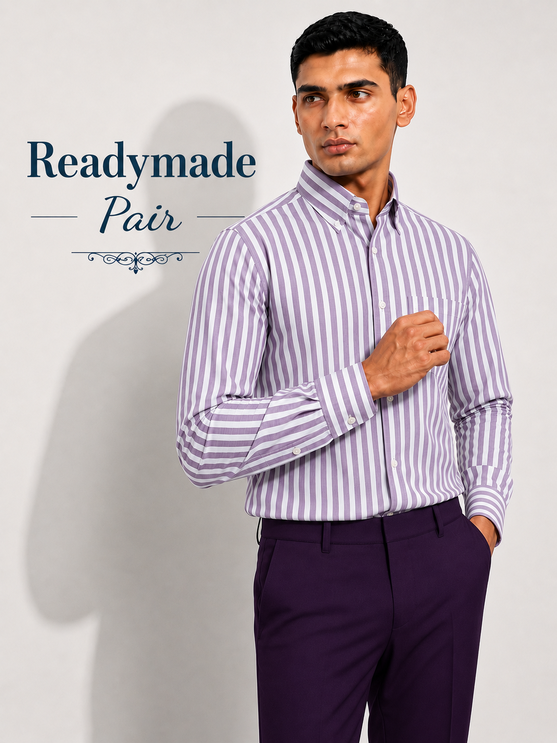 Premium Lavender & White Striped Shirt with Wine Trouser – Readymade Pair