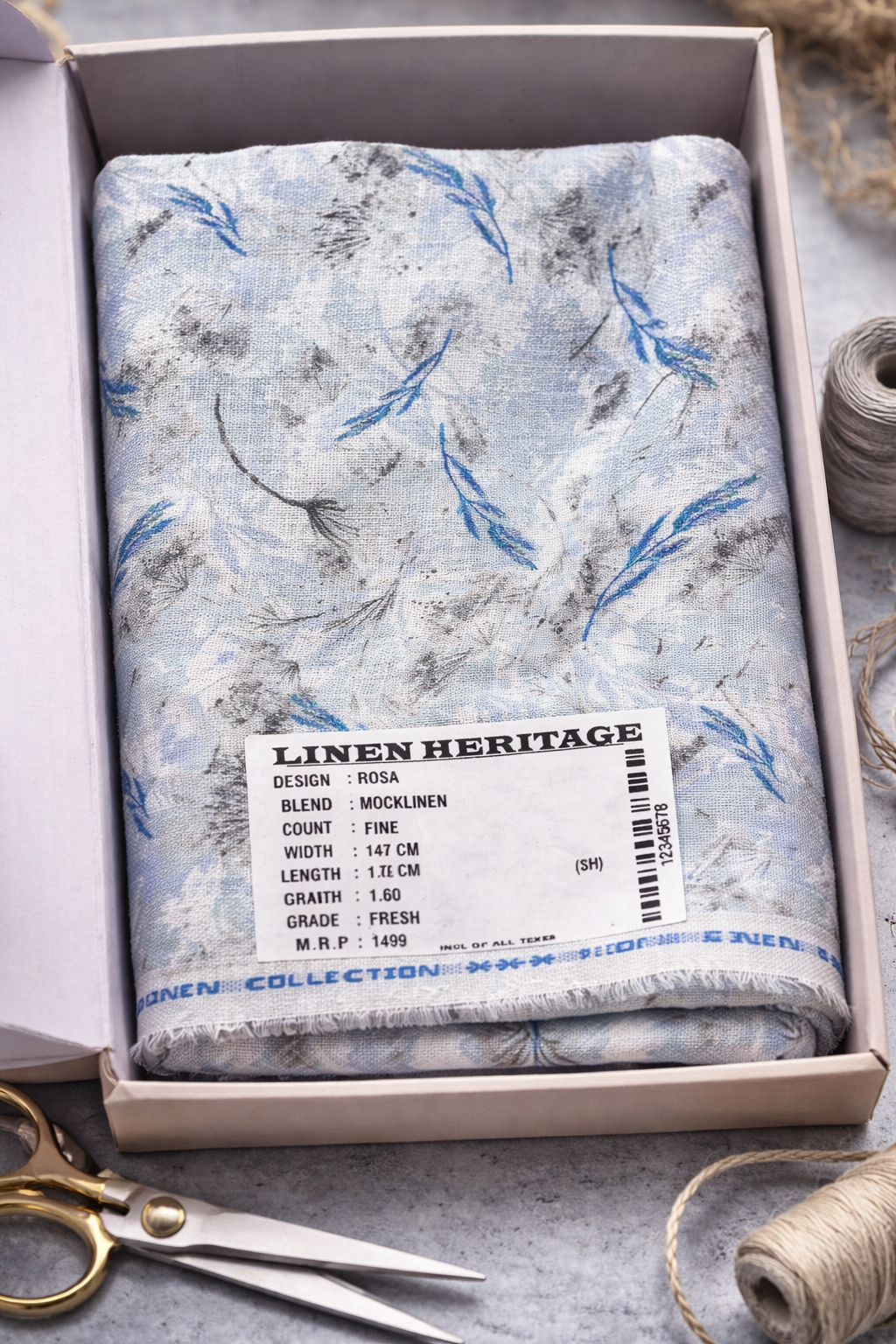 Linen Heritage Feather Print Shirt Fabric – Blue & Grey Linen Blend (1.60m)