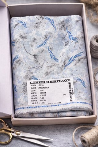 Linen Heritage Feather Print Shirt Fabric – Blue & Grey Linen Blend (1.60m)