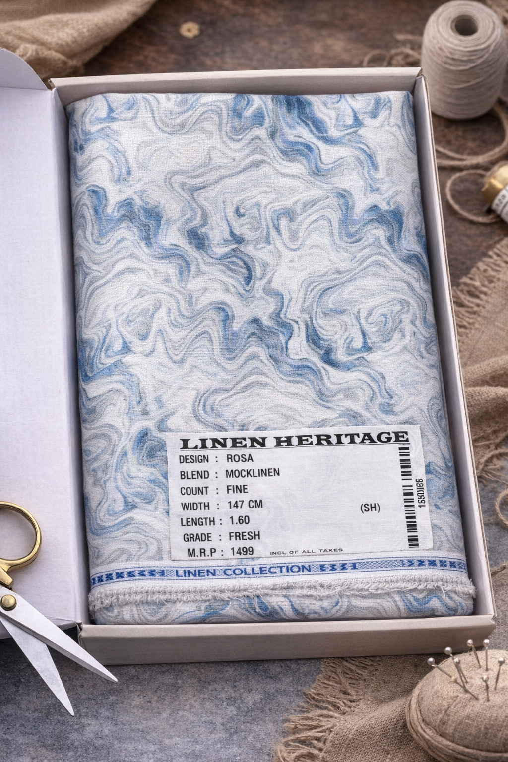 Premium Linen Heritage Marble Print Shirt Fabric for Men – Blue & White Abstract Design, Soft Linen Blend (1.60m Length, 147 cm Width)