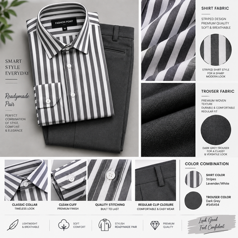 Premium Grey & White Striped Shirt with Dark Grey Trouser – Readymade Pair