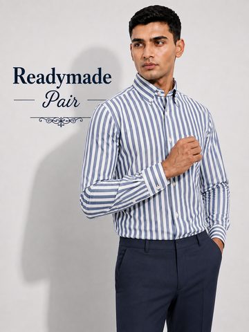 Premium Blue & White Striped Shirt with Dark Navy Trouser – Readymade Pair