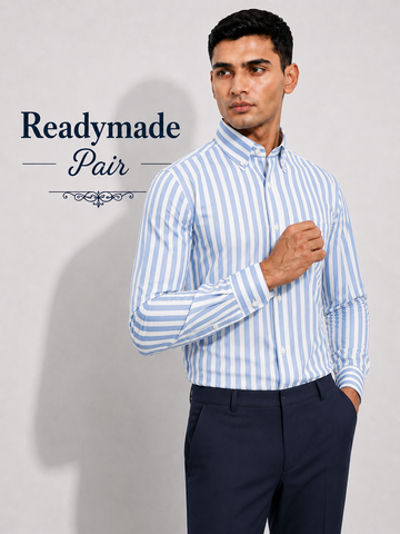 Premium Light Blue & White Striped Shirt with Dark Navy Trouser – Readymade Pair