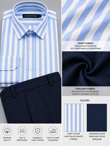 Premium Light Blue & White Striped Shirt with Dark Navy Trouser – Readymade Pair