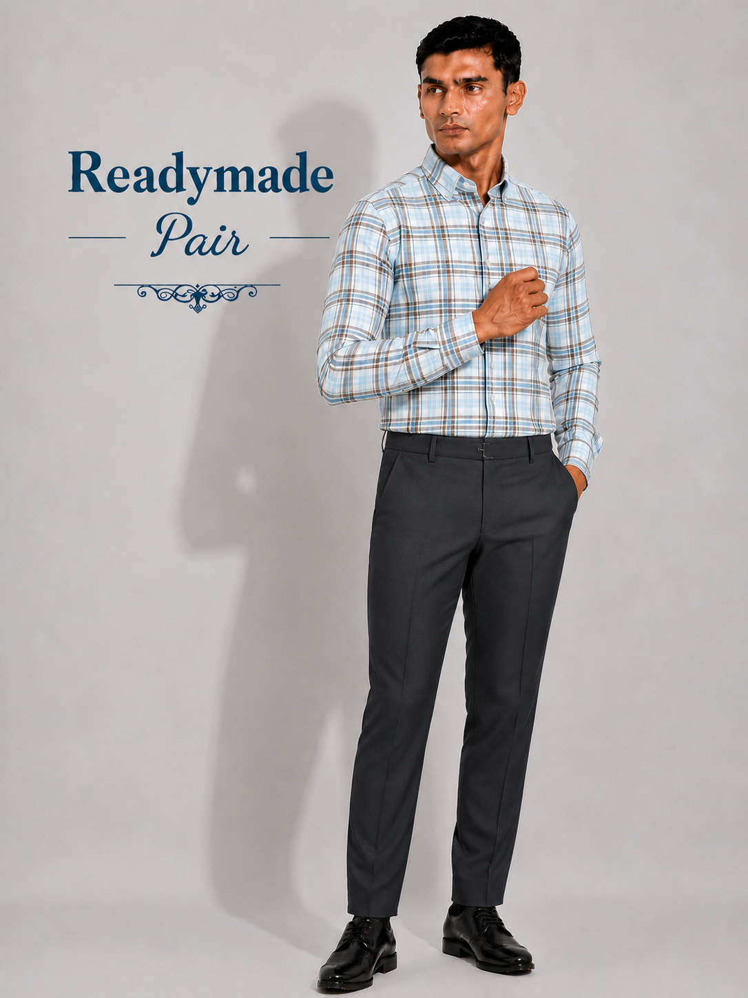 Light Blue Check Shirt & Dark Grey Trouser Ready-Made Pair