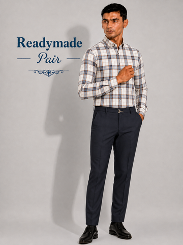 Brown Check Shirt & Dark Navy Trouser Ready-Made Pair