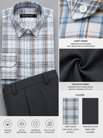 Light Blue Check Shirt & Dark Grey Trouser Ready-Made Pair
