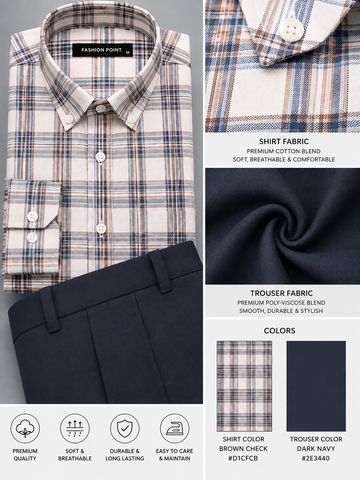 Brown Check Shirt & Dark Navy Trouser Ready-Made Pair