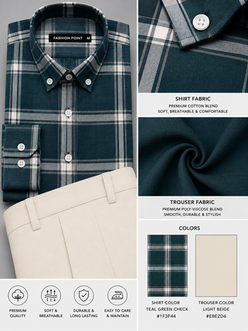 Teal Green Check Shirt & Light Beige Trouser Ready-Made Pair