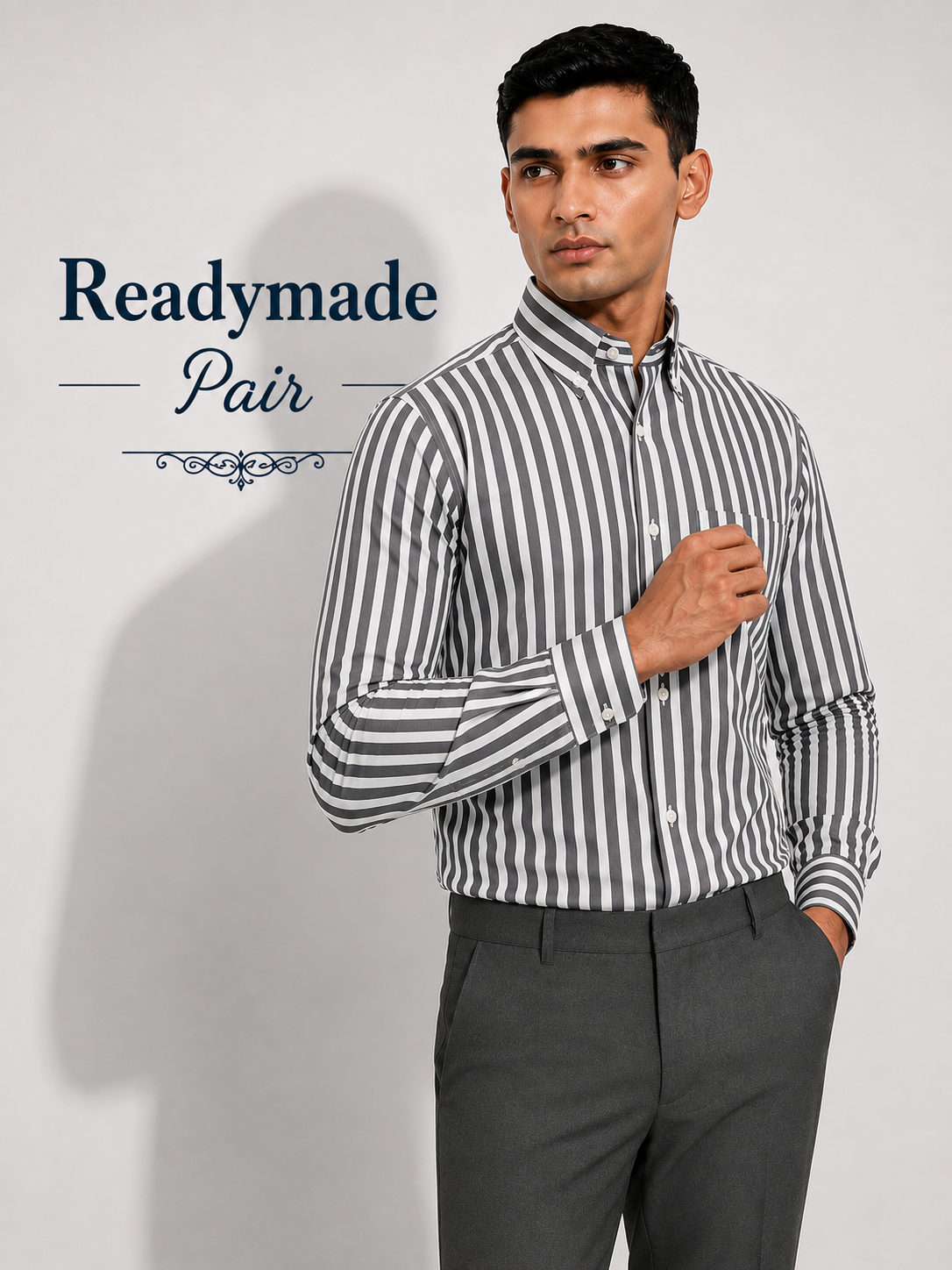 Premium Grey & White Striped Shirt with Dark Grey Trouser – Readymade Pair