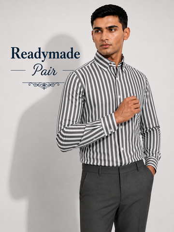 Premium Grey & White Striped Shirt with Dark Grey Trouser – Readymade Pair