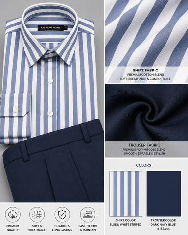 Premium Blue & White Striped Shirt with Dark Navy Trouser – Readymade Pair