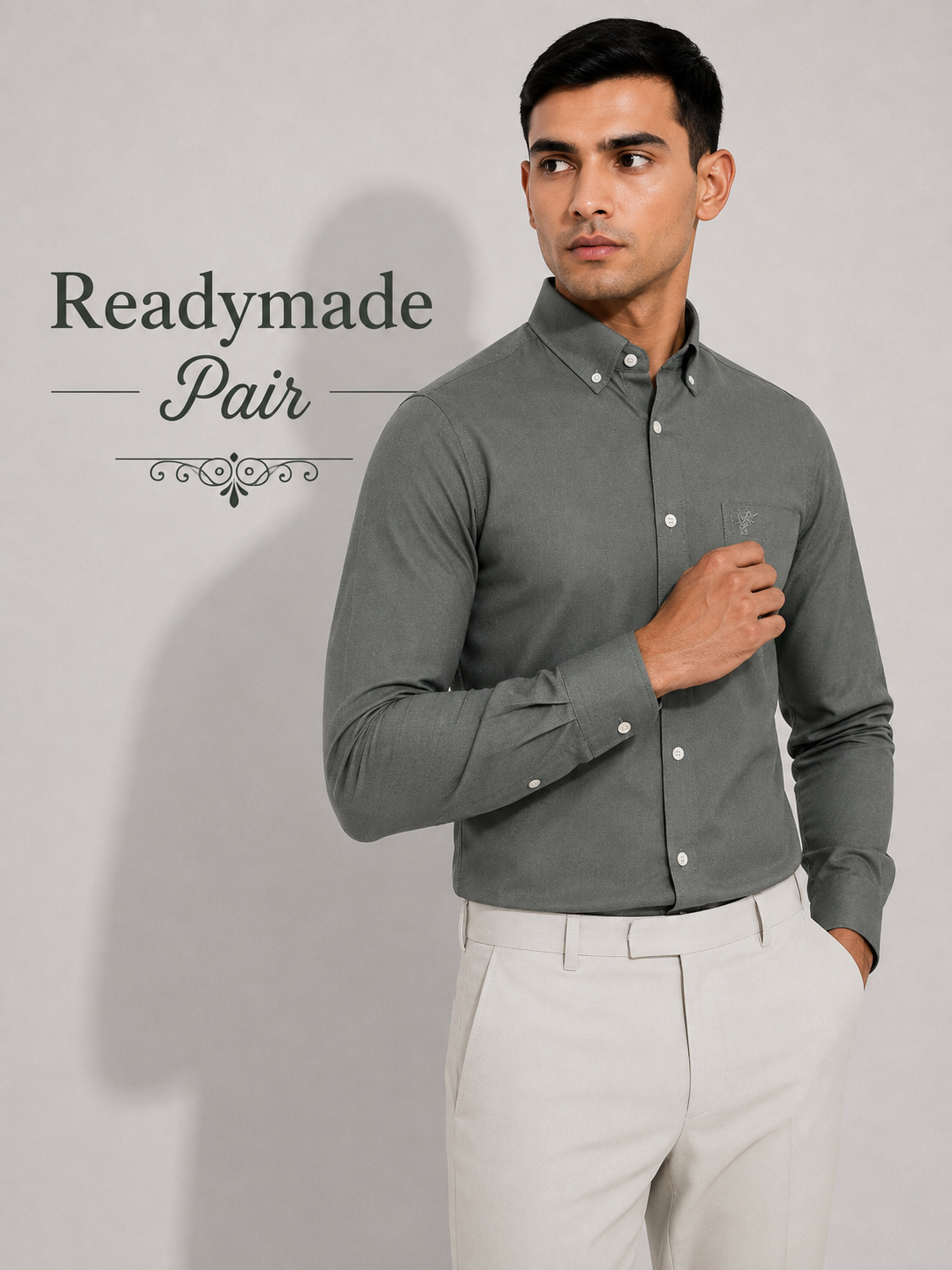 Premium Green Grey Shirt with Light Grey Trouser – Readymade Pair