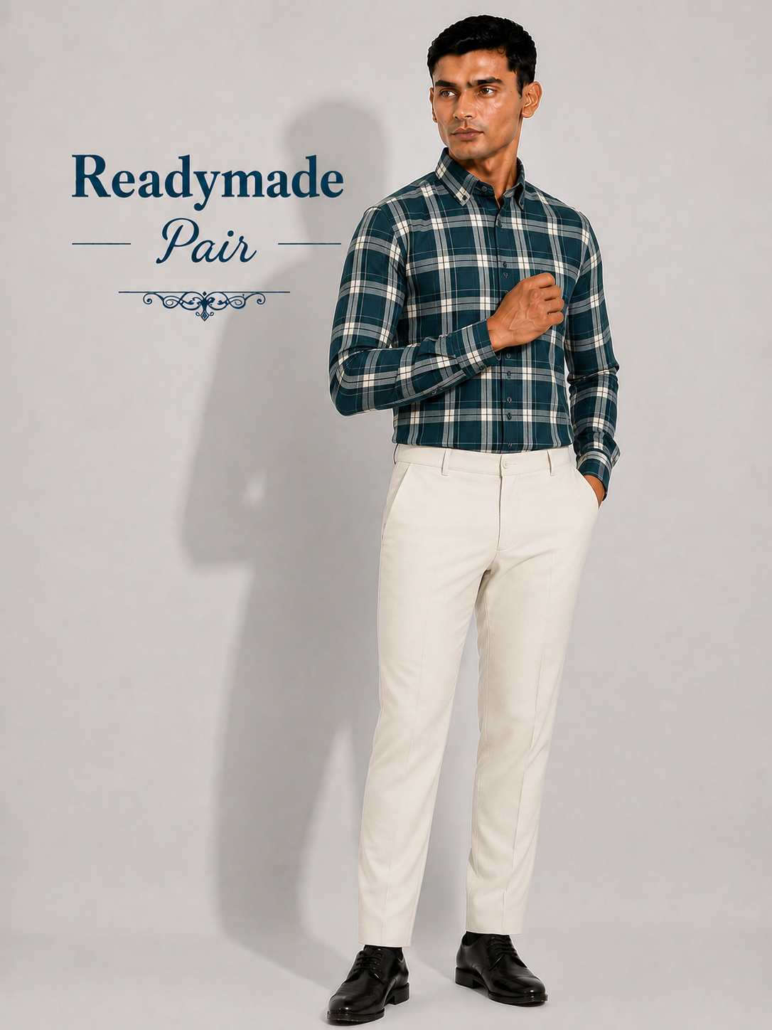 Teal Green Check Shirt & Light Beige Trouser Ready-Made Pair