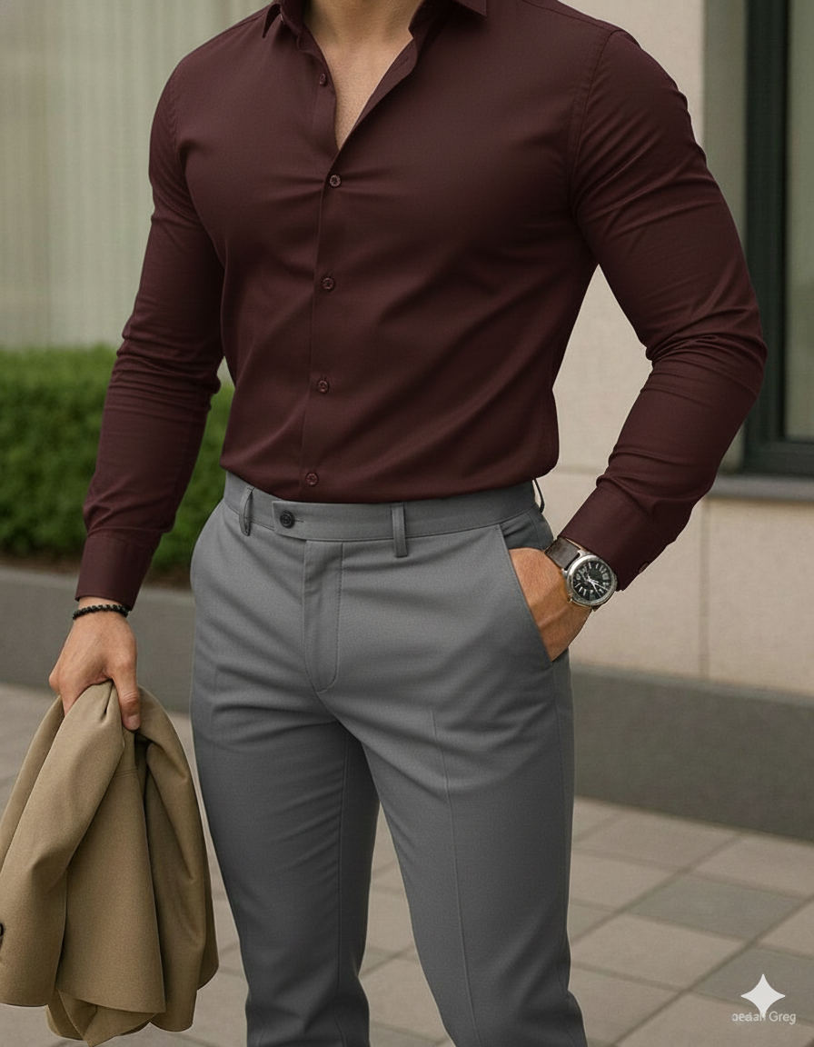 Burgundy & Grey Unstitched Giza Cotton Fabric Set - Shirt & Pant Ready for Tailoring