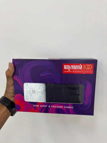 RAYMOND Fine Fabric Combo: White Printed Shirt & Classic Black Trouser Material (Unstitched, Premium Quality)