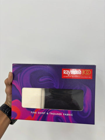 RAYMOND Fine Fabric Combo: White & Yellow Striped Shirt & Formal Black Trouser Material (Unstitched, Premium Quality)